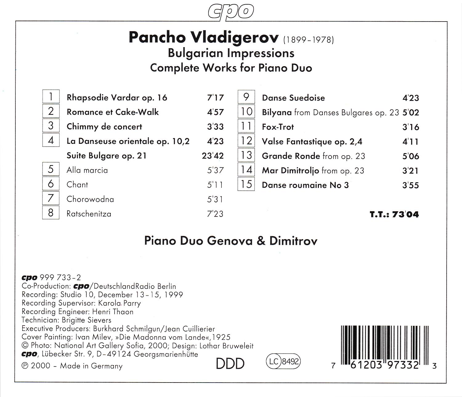 Bulgarian Impressions • Pancho Vladigerov • Complete Works for Piano Duo (cpo 999 733-2) | Back Inlay