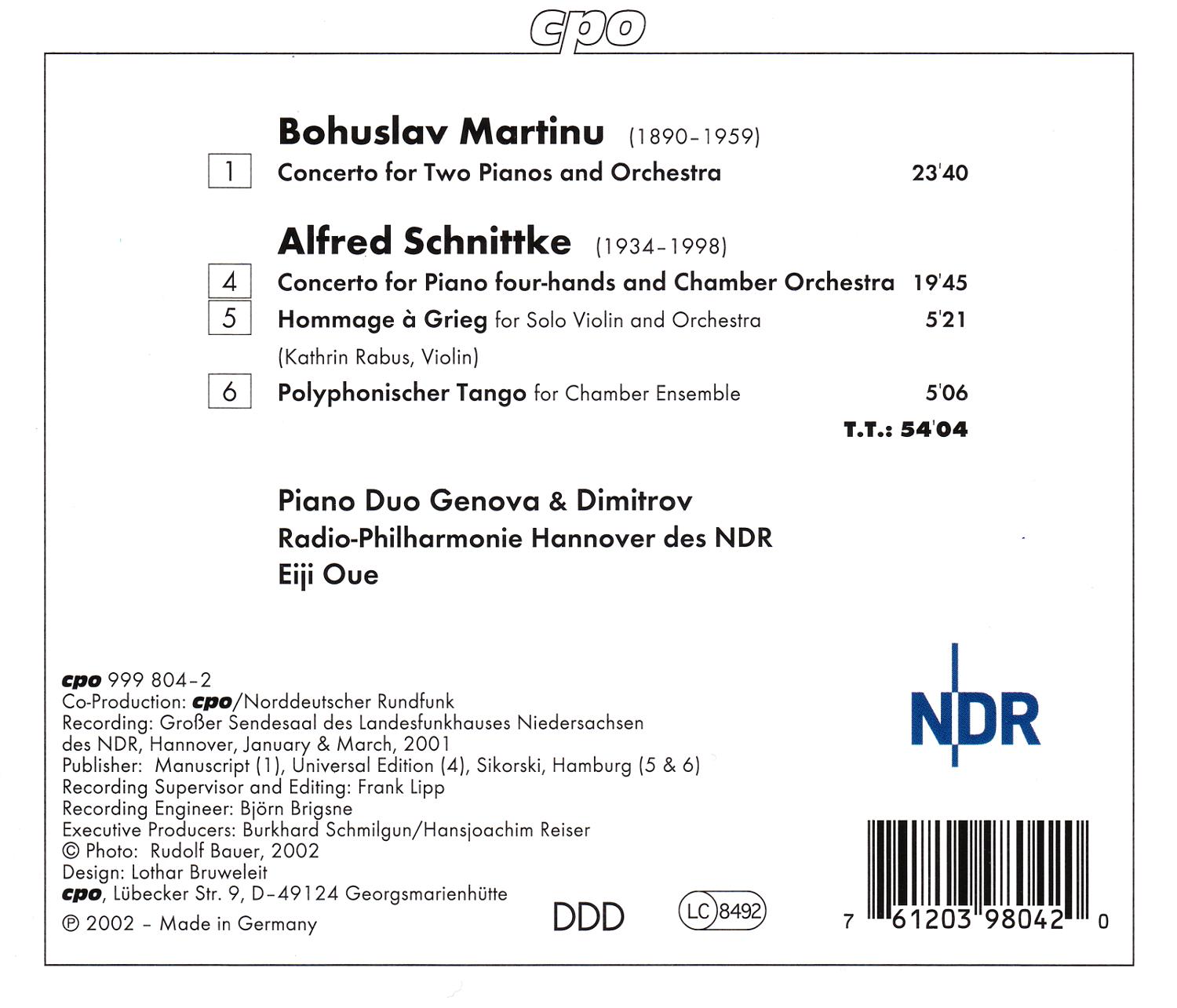 Bohuslav Martinu & Alfred Schnittke • Konzerte für zwei Klaviere (cpo 999 804-2) |Back Inlay