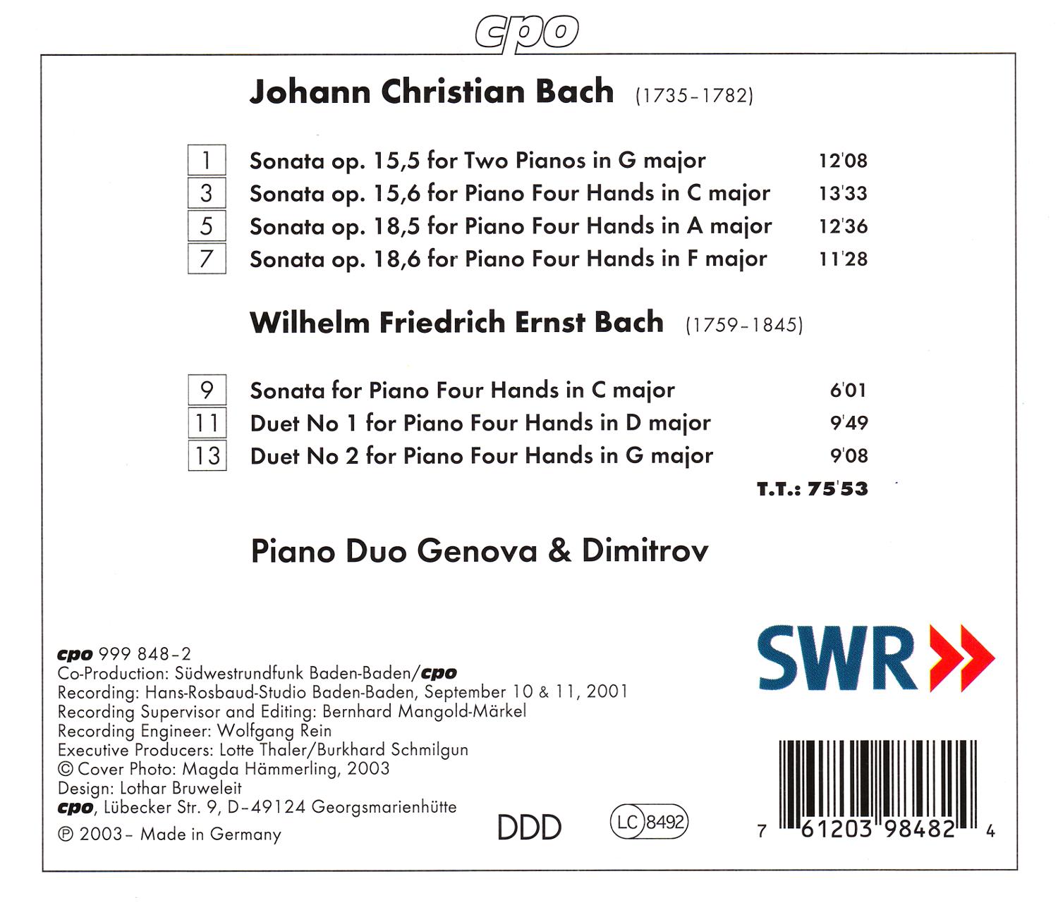 Johann Christian Bach • Sämtliche Werke für Klavierduo (cpo 999 848-2) | Back Inlay